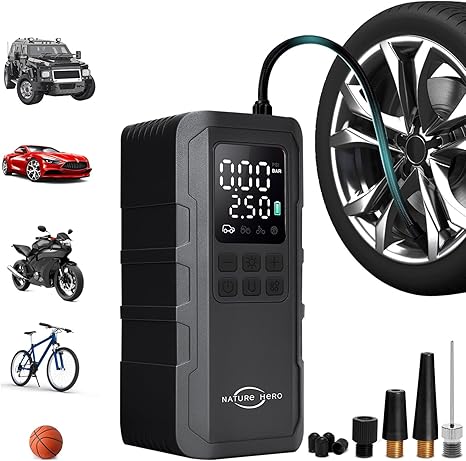 Portable Car Tire Inflator,Cordless Air Compressor Portable 150PSI with Digital LCD Gauge,Electric Pump for Motorcycle Tires, Bicycle Tires and Balls (Black)