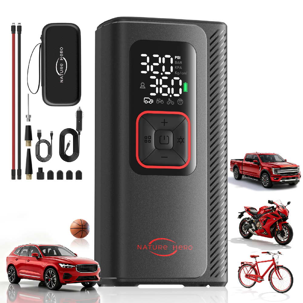 Nature Hero Tire Inflator Portable Air Compressor, 160PSI Dual-cylinder Portable Tire Pump with Pressure Gauge, 10400mAh Cordless Air Pump for Car, SUV, Pickup Truck, Motorcycle, Bike, Balls